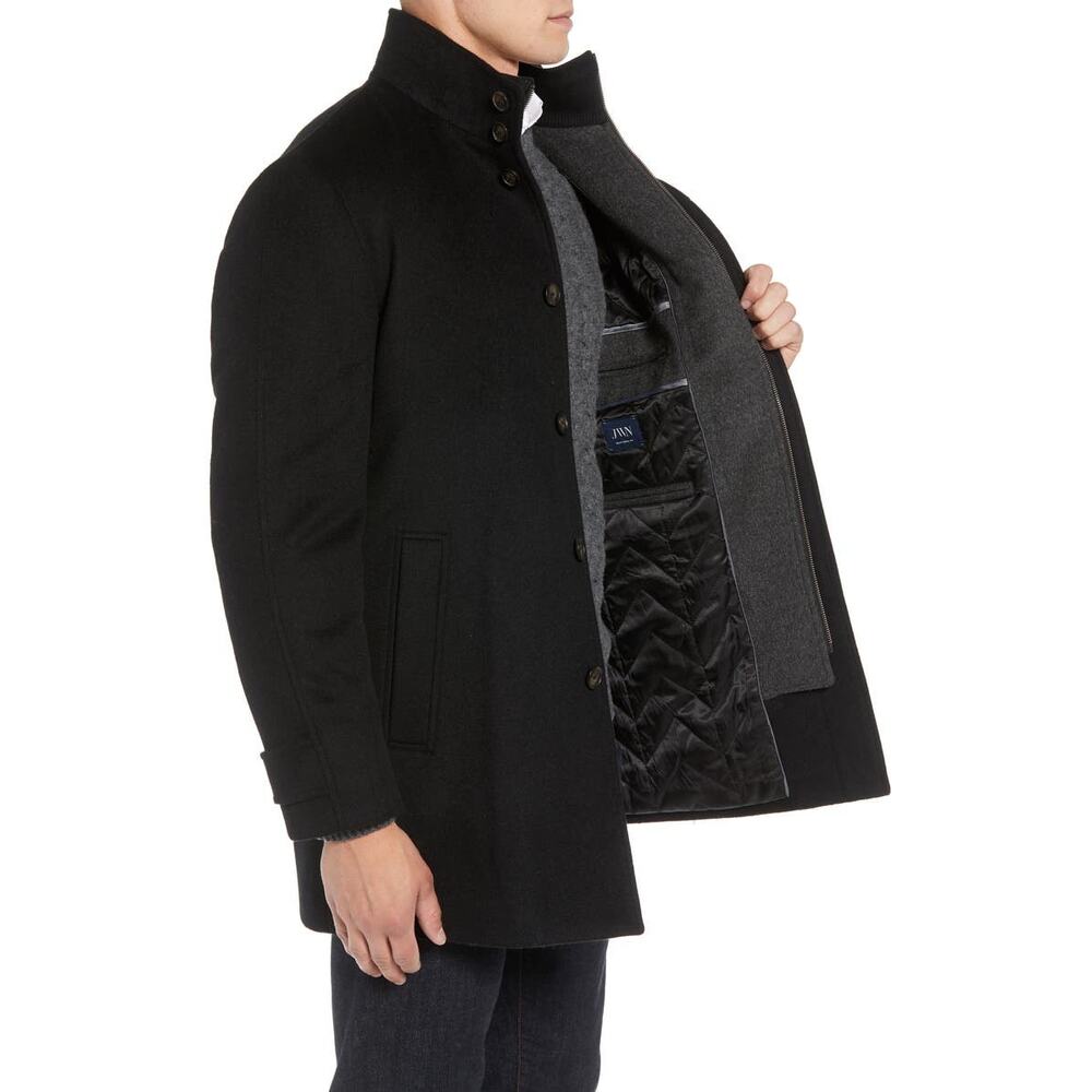 JWN Coat Long Sleeves Double Mock Neck Peacoat Blue Marl Button quilted Wool XL